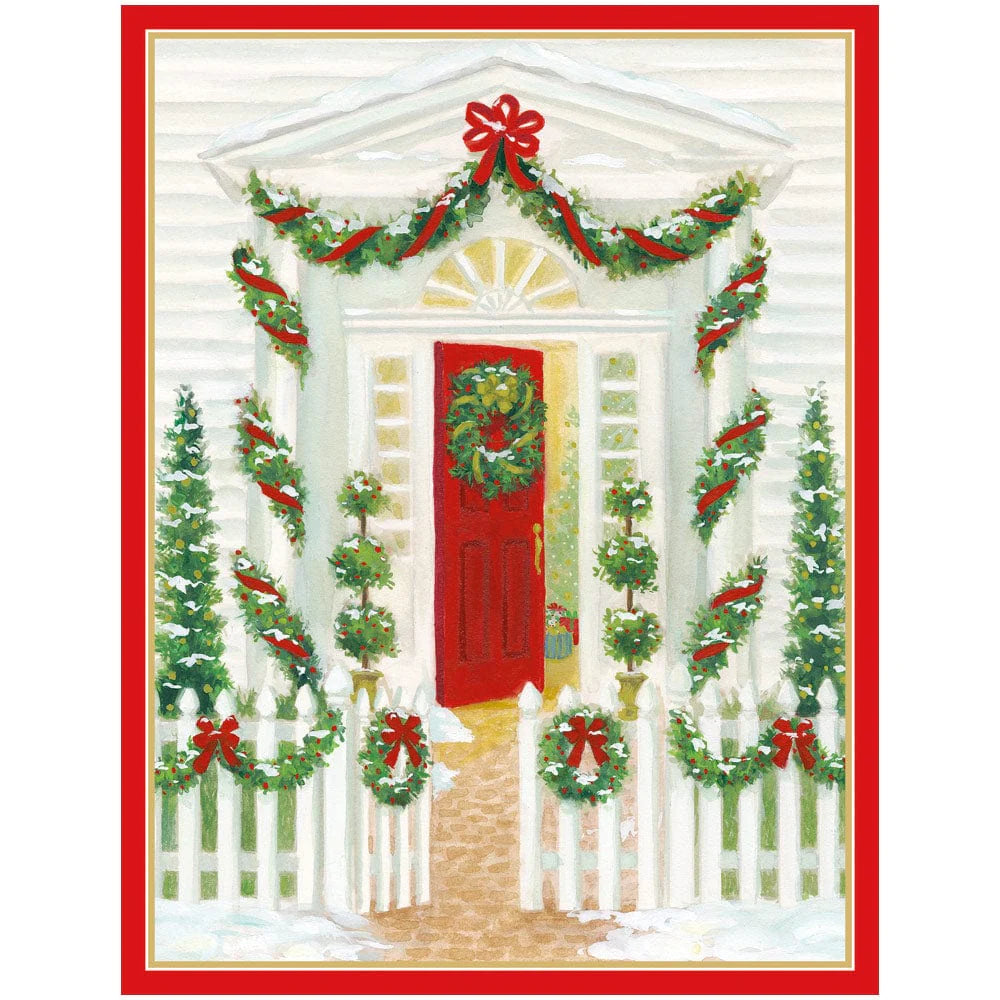 Caspari- Front Door Decked Out In Greenery Personalized Christmas Cards