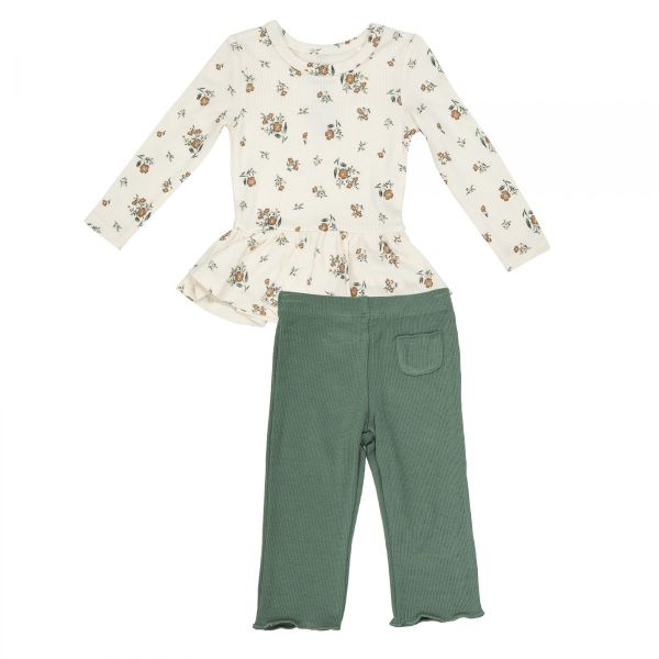 Angel Dear- Mocha Rose Ditsy Peplum Top and Flare Pant- Ivory