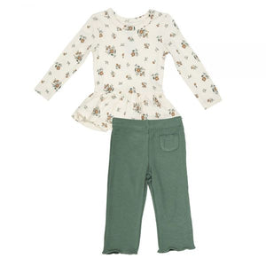 Angel Dear- Mocha Rose Ditsy Peplum Top and Flare Pant- Ivory