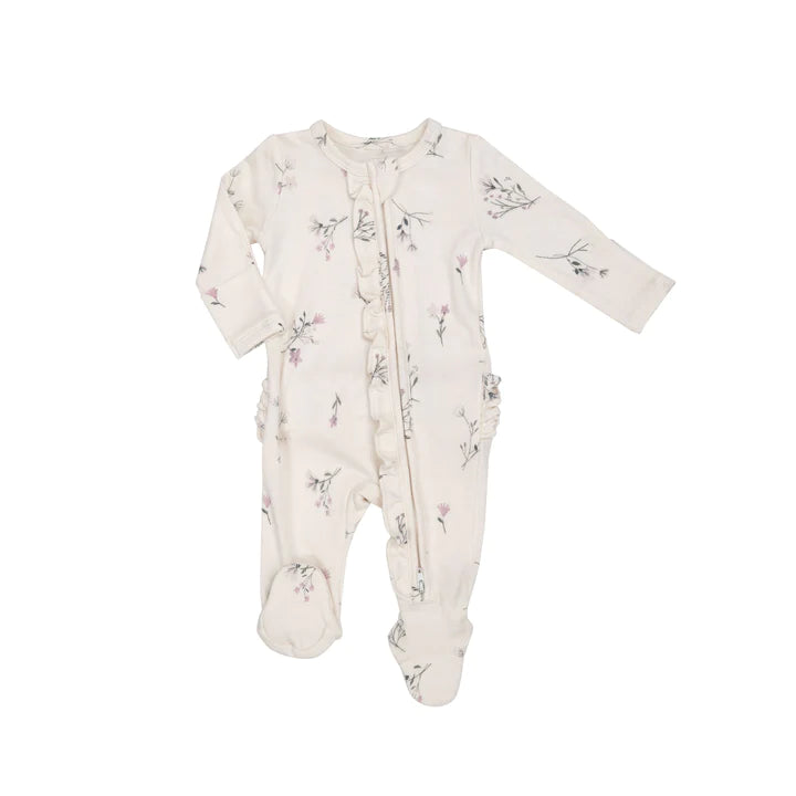 Angel Dear- Wispy Floral 2 Way Ruffle Zipper Footie- Ivory