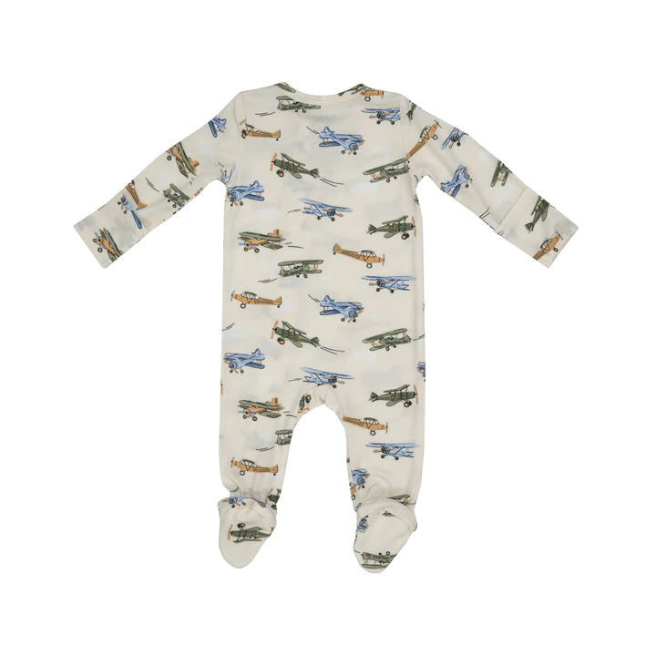 Angel Dear- Vintage Airplane 2 Way Zipper Footie - Green Multi