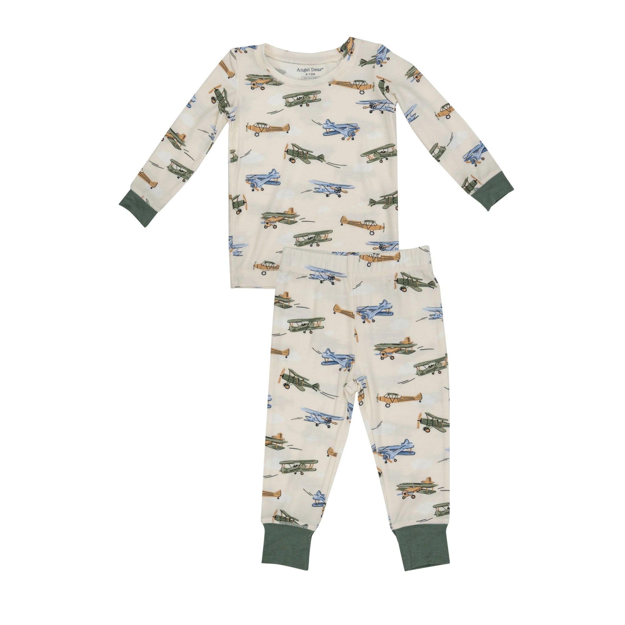 Angel Dear- Vintage Airplane L/S Loungewear Toddler Set- Green Multi