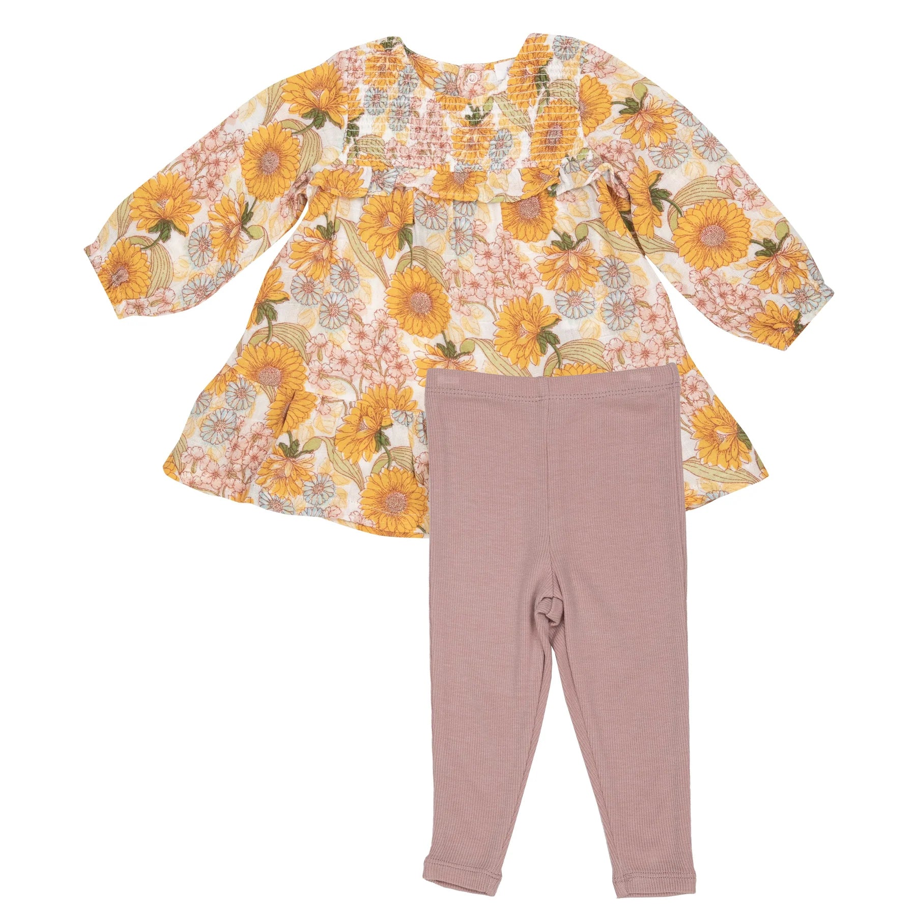 Angel Dear- Sunflower Child Smocked Ruffle Tiered Dress and Legging- Multi Yellow