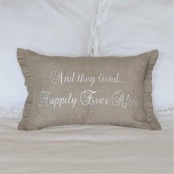 Crown Linen- Decor Pillow ,They Lived....Happily Ever After Taupe (WHITE) Ruffle